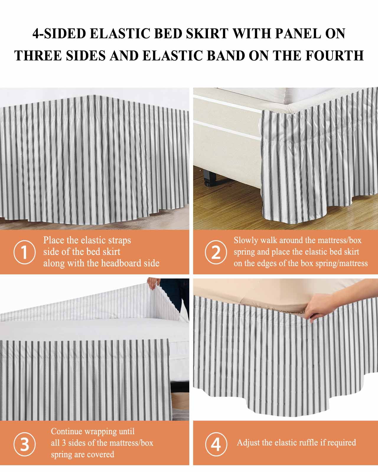 Black Striped Bed Skirt King Size, Black White Stripes Farmhouse Wrap Around Bed Skirting with Adjustable Elastic Strap, Dust Ruffle Pleated Bedskirts 16 Inch Drop for Bedroom King Beds