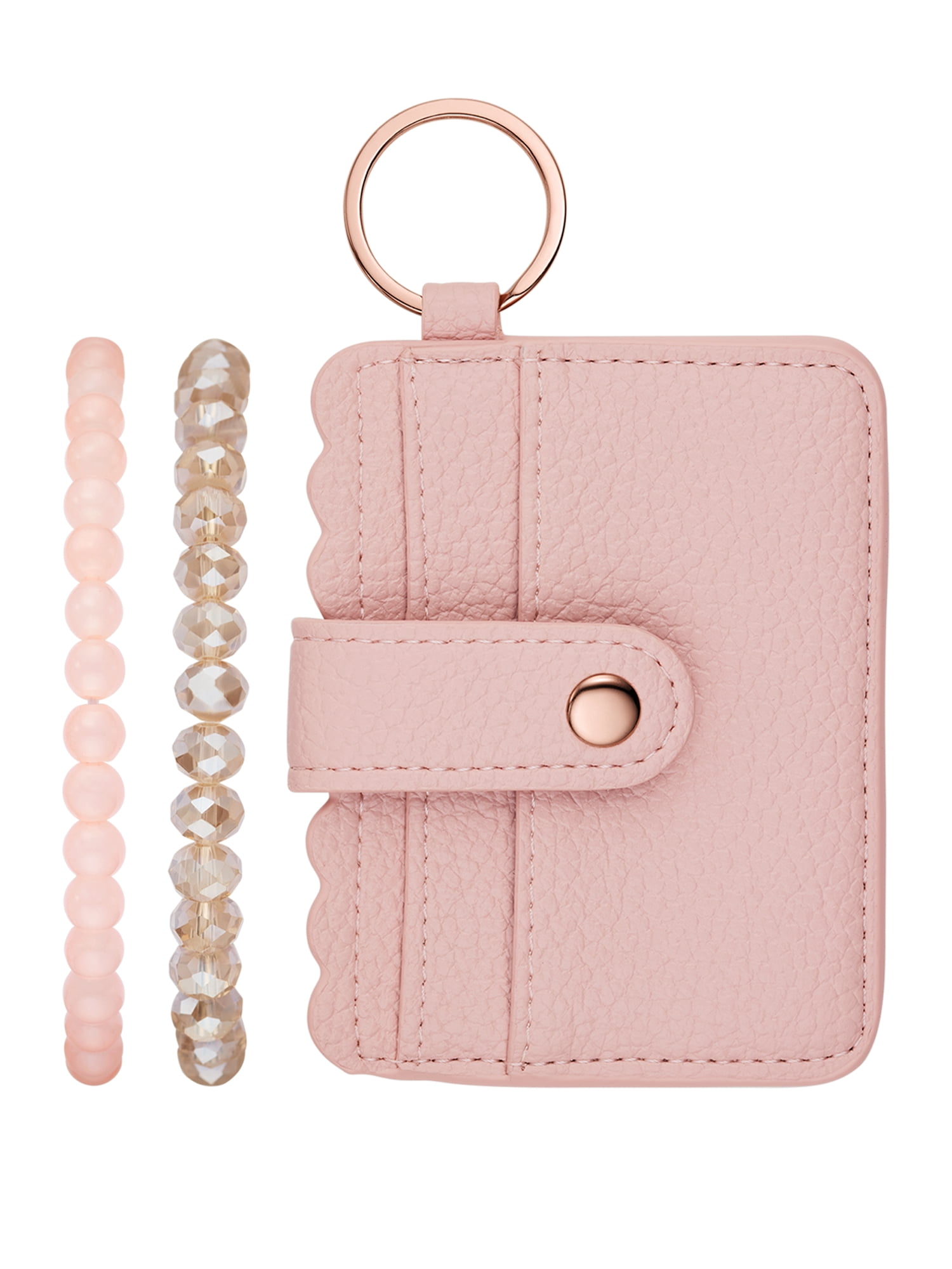 Folio Women's Gift Set; Rose Gold Watch with Blush Vegan Leather Strap, Layered Beaded Stretch Bracelets and Blush Card Case (FMDAL1166)