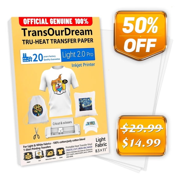 TransOurDream Iron on Heat Transfer Paper for T Shirts (20 Sheets, 8.5x11") Iron on Transfers for Light Fabric Printable Heat Transfer Vinyl for Inkjet Printer (L2-20), 8.5x11"