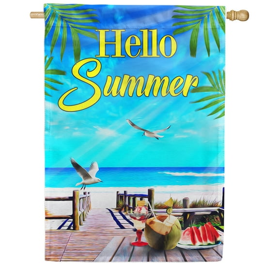 America Forever Hello Summer Beach Life Tropical House Flag 28 x 40 inches Happy Hour Seagull Palm Leaves Double Sided Coastal Seagull Exotic Seasonal Yard Outdoor Decorative Coastal House Flag