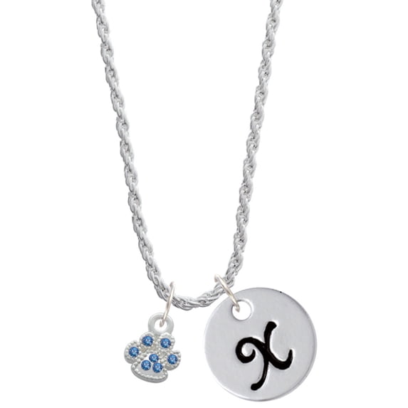 Delight Jewelry Silvertone Mini Paw with Blue Crystals Silvertone Script Initial Disc - X - Charm Necklace, 20"+3"