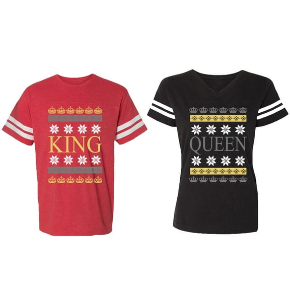 Christmas King Queen Matching Couple Cotton Jerseys (Men Red / Women Black) (Men S / Women S)