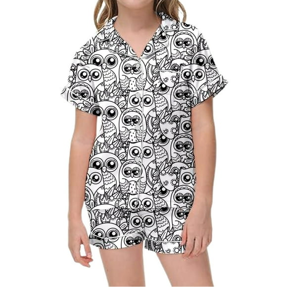 Girls Sleepwear & Robes Girls DIY Printed Lapel Short Sleeve Top Comfortable Shorts Pajamas Set with Cute Buttons Designed for Breathable Home Wear