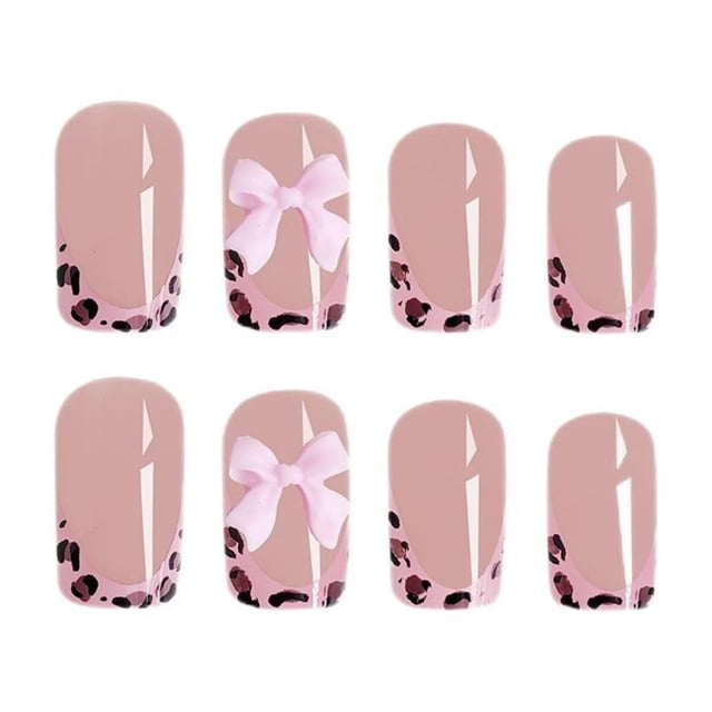 24-Piece Short Glossy Nails - Leopard Print with Bow, Removable, Wearable, Stylish Design, Easy Application