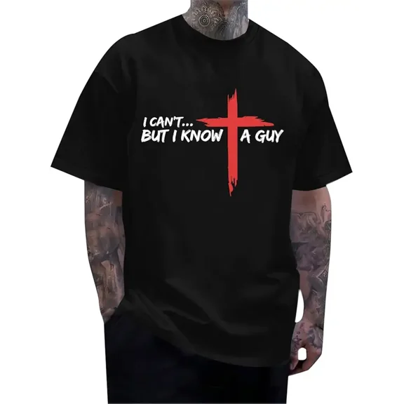 I Can't But I Know A Guy Christian T-Shirt Men's Religious Faith Cross Graphic Tee Retro Inspirational Spiritual Apparel