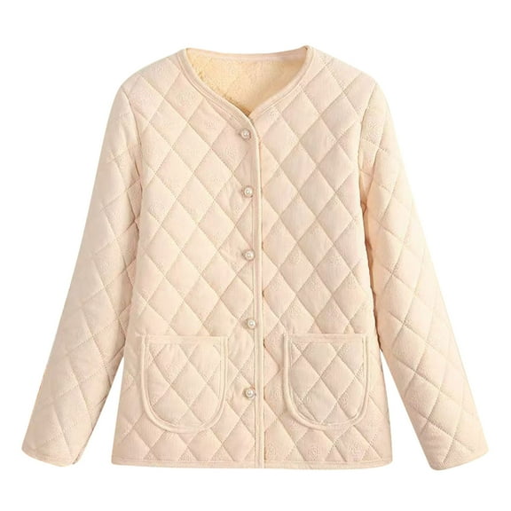 Women's Woolen Padded Warm Pearl Button Down Coat Jacket Long Sleeve Diamond Check Printed Jacket with Pockets