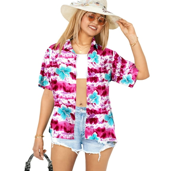 HAPPY BAY Women's Floral Beach Hawaiian Blouse Shirt T-Shirt Blouses Short Sleeve Button Up Dress Tee Shirts Tops for Women L Hibiscus Waves, Autumn Pink