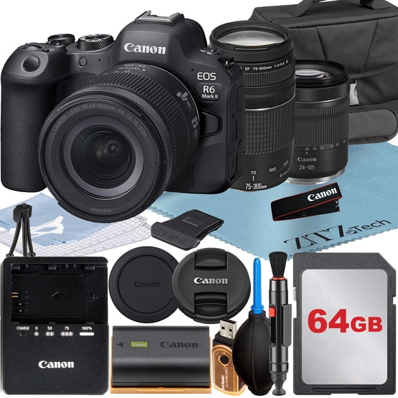 Canon EOS R6 Mark II Mirrorless Camera with RF 24-105mm Lens   EF 75-300mm   SanDisk 64GB Memory Card   Case   ZeeTech Accessory Bundle (International Version)