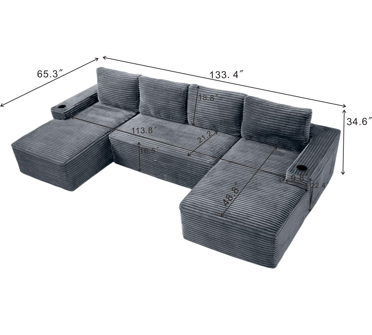 134" Compressible U Shaped Modular Sectional Sofa Set, Minimalist Corduroy Cloud Couch for Living Room, No Assembly Required