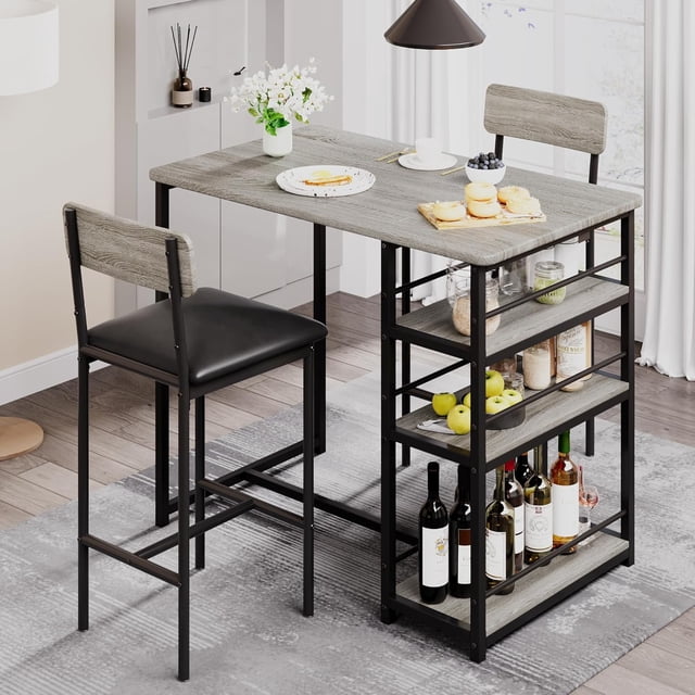 2 - person dining mesa set con 2 forrado sillas: 35.4in kitchen bar mesa para small spaces, featuring 3 - tier almacenamiento estantes, ideal para para apartment, breakfast nook, pub (gris)