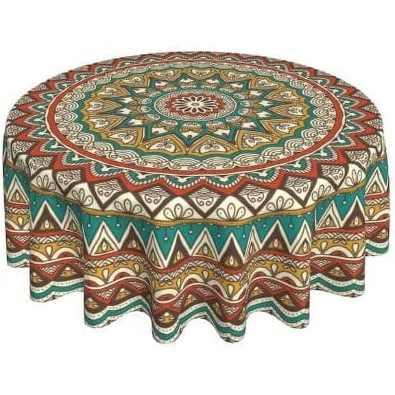 Mandala Colorful Green Brown Waterproof Picnic Patio Party Round Table Cloth Cover Decorations Fabric 60 Inch Circular Tablecloth for 20-47 Inch Home Dining Room Kitchen Decor
