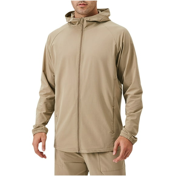 WRKEKC Performance Outdoor Sport Jacket Men's Windproof Lightweight Hooded with Secure Zippered Pockets for Climbing Running and All-Weather Training Khaki XXL