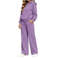 thumbnail image 3 of Women 2 Piece Outfits Long Sleeve Cropped Hoodie Sweatshirt High Waist Wide Leg Pants Casual Loose Sweatsuit Set for Daily Workout Jogging Streetwear Purple XL, 3 of 8