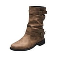 thumbnail image 2 of Willtoo Women's Leather Slouchy Buckle Mid-Calf Boots Comfort Wide Round Toe Slip On Lug Sole Motorcycle Combat Boots Winter Low Heel Knight Boots Wide Calf Knee High Boots Brown, 2 of 6