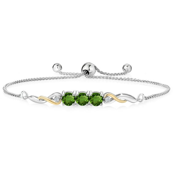 Gem Stone King 925 Sterling Silver and 10K Yellow Gold Green Chrome Diopside and White Lab Grown Diamond Tennis Bracelet for Women (1.52 Cttw, Gemstone Birthstone, Fully Adjustable up to 9 inch)