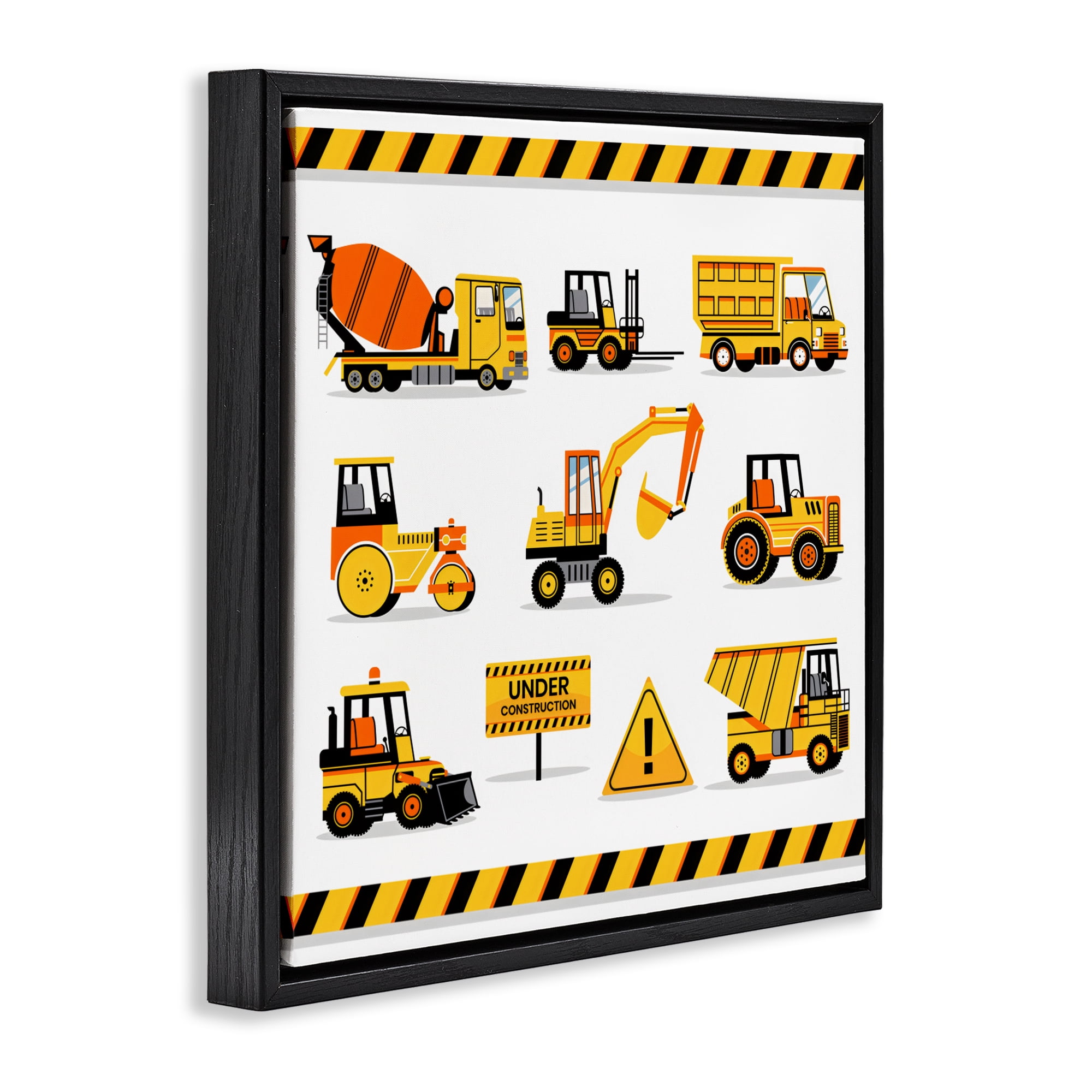 Stupell Industries Construction Vehicles with Warning Black Framed Floater Canvas Wall Art, design by Creative Studio