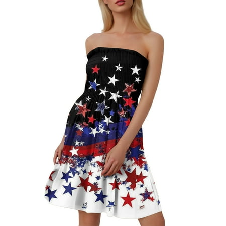 CHCNHAC 4th Of July Summer Dresses for Women 2025 Patriotic Stars and Stripes Graphic Dresses Casual Flowy Swing Strapless Classy Dress Deep Red S