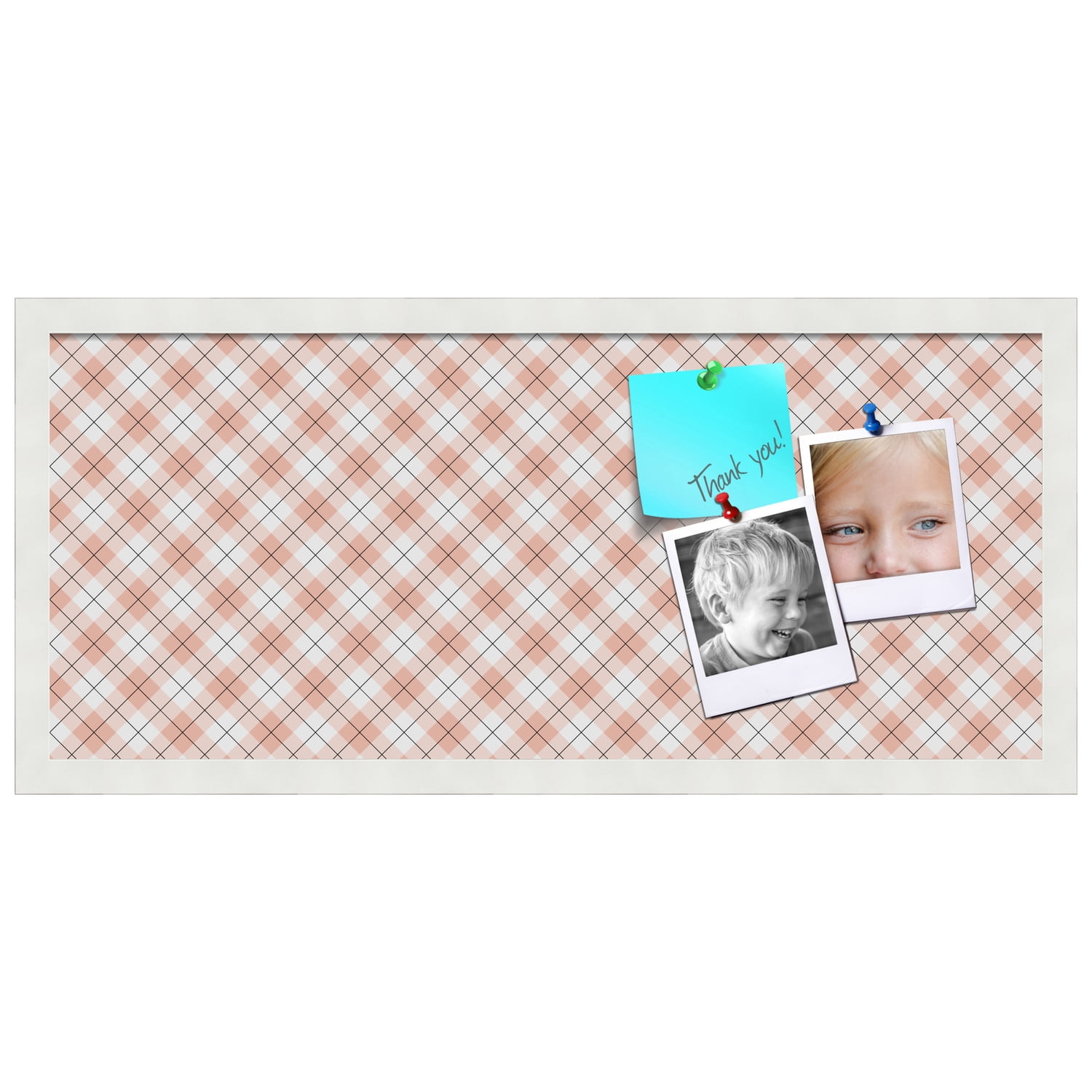 PinPix ArtToFrames 26x10 Custom Cork Bulletin Board Argyle Tan   Poster Board Has a Fabric Style Canvas Finish, Framed in Satin White Frame (PinPix-643)