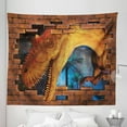 thumbnail image 1 of Dinosaur Tapestry, Tyrannosaurus Breaks a Brick Wall Frightening Scary Scenery Jungle Invaded House, Fabric Wall Hanging Decor for Bedroom Living Room Dorm, 5 Sizes, Orange Blue, by Ambesonne, 1 of 1