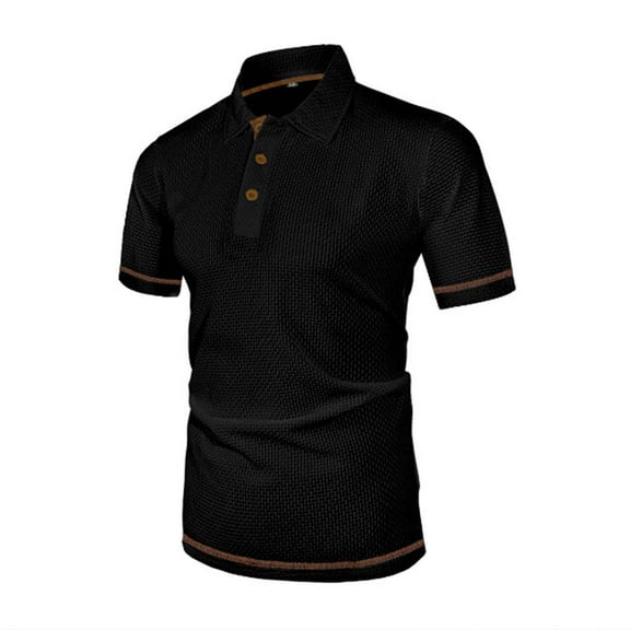 YLSDY Mens Casual Slim Fit Button Collared T-Shirts Short Sleeve Knit Button Collared Shirts Waffle Textured Knitted Shirt Beach Hippie Tshirt Black L