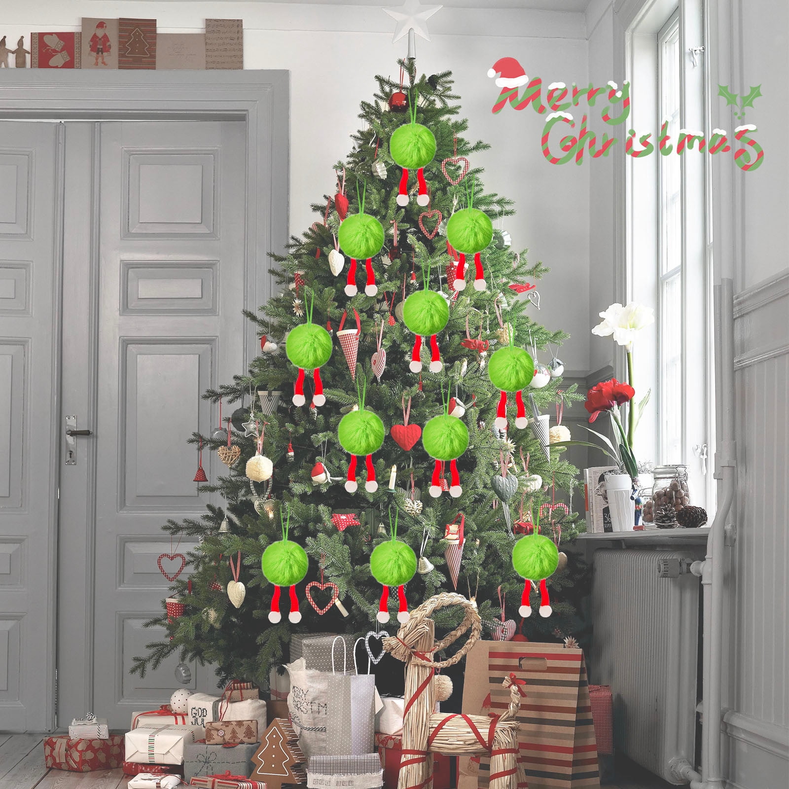 24 Pcs Christmas Ornaments 2 Inch Pom Pom Ball Hanging Decoration Fuzzy Fluffy Christmas Ornaments for Xmas Tree Home DIY Craft Party Decor