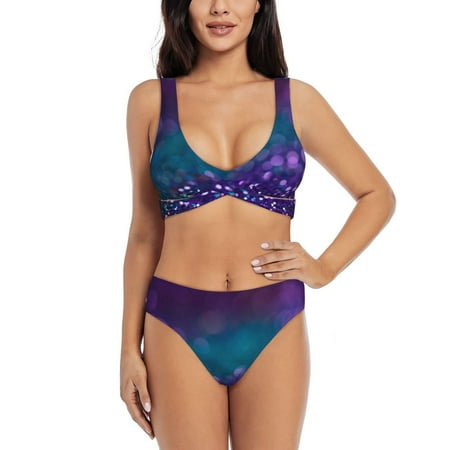 Zeuib Purple and Green Glitter High Waisted Tummy Control Bikini Set - Knot Front Push Up Top & Cheeky Thong Bottom  Two-Piece Swimsuit for Women-Large