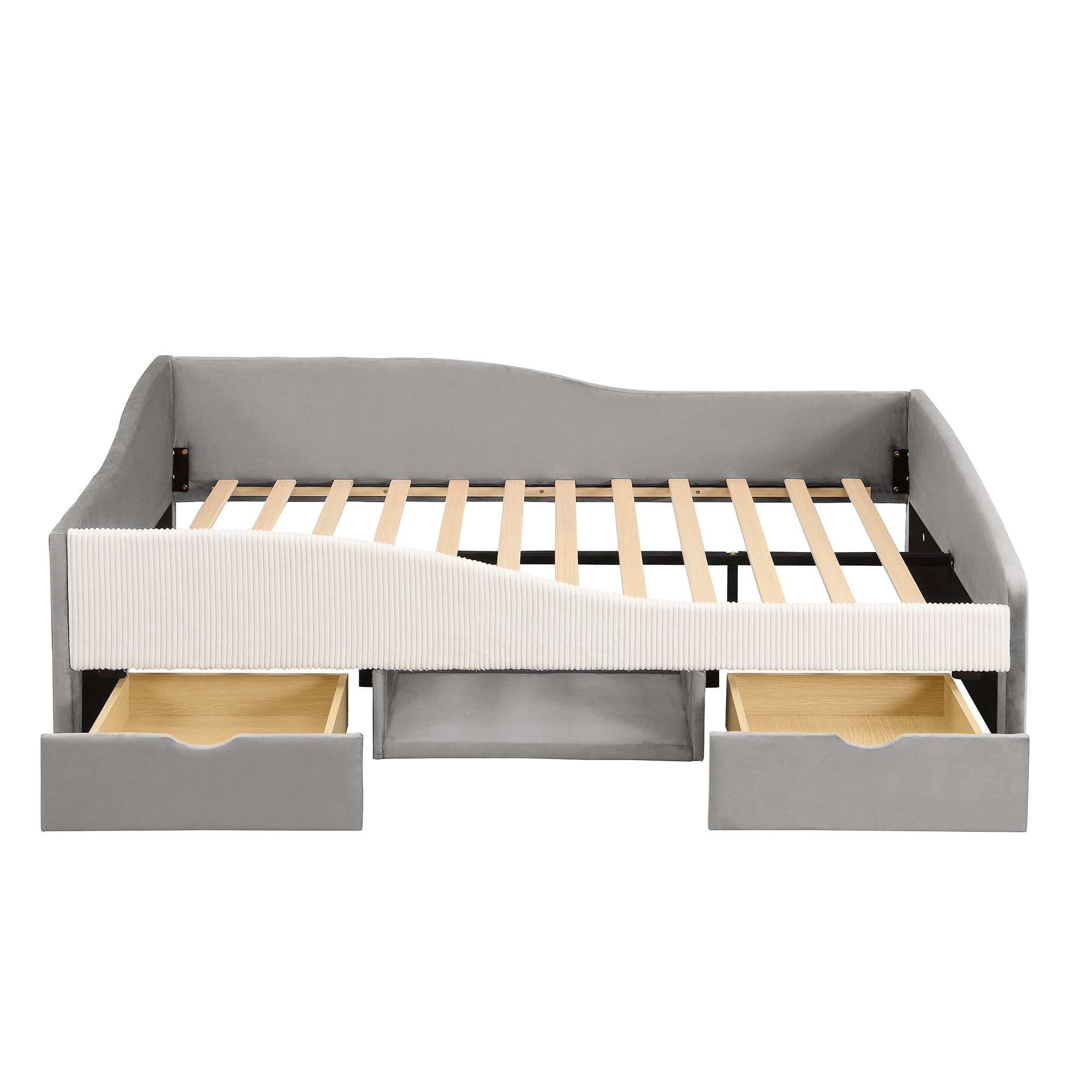 Aukfa Full Size Upholstered Daybed with 2 Storage Drawers, Shelf and Curved Guardrails, Velvet Bed Frame, Gray