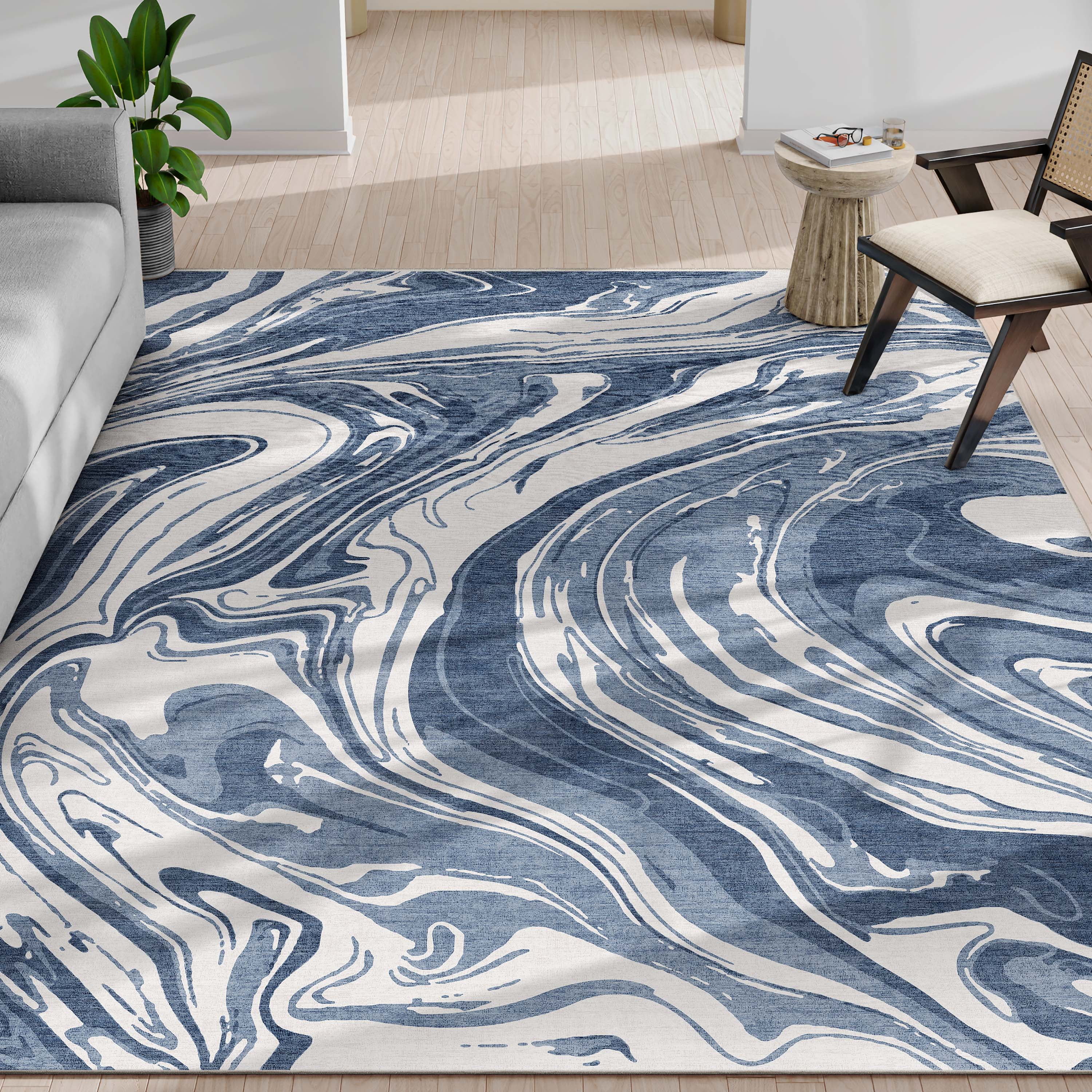 Well Woven Abstract Harmony Modern Stripes Pattern Blue Flat-Weave Easy to Clean 5'3" x 7'3" Area Rug