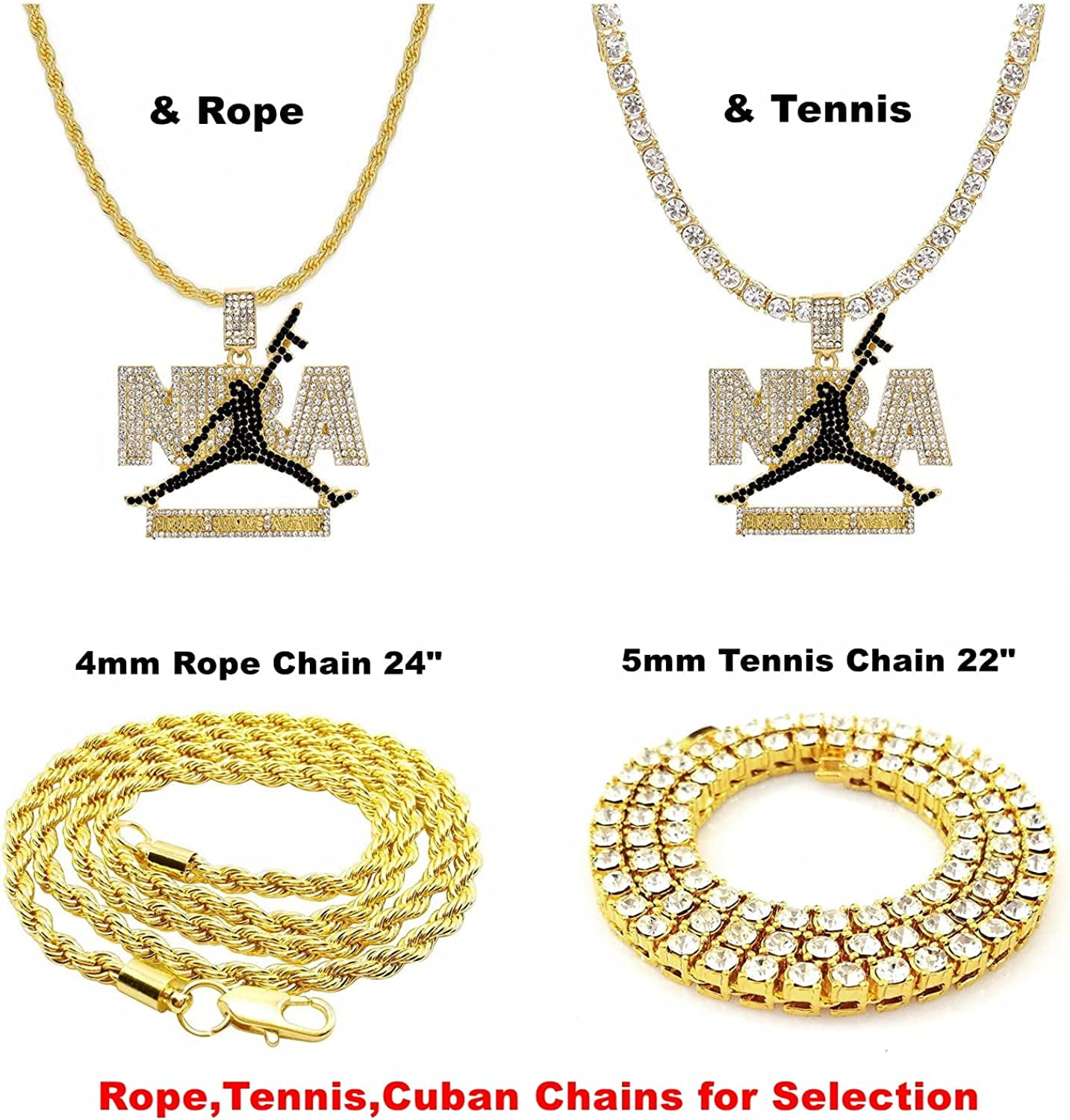 HH Bling Empire Iced Out Nba Silver Gold Young boy Chains for Men,Hip Hop  Rapper Pendant with Rope Tennis Cuban Link Chains 22 Inch (Silver,& tennis)