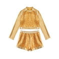 thumbnail image 3 of Alvivi Kids Girls 2 Piece Hip-Hop Dance Outfit Long Sleeve Metallic Crop Top with Shorts Streetdance Gym Dancewear Gold 14, 3 of 5