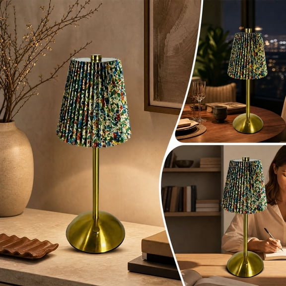 Rechargeable Floral Pleated Table Lamp Vintage Gold Bedside Light Cordless Small Nightstand Desk Lamp for Bedroom Home Decor