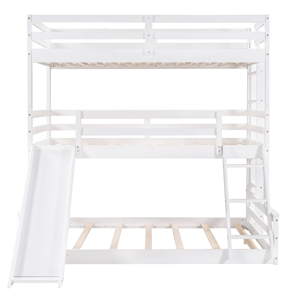 Kadyn Twin over Twin over Full Triple Bunk Bed with Convertible Ladder and Slide,White