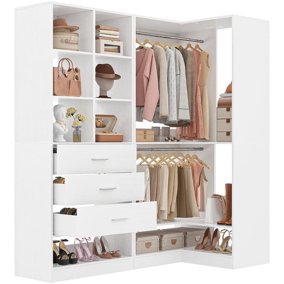 iSunirm Corner Closet Organizer System 2-Piece Set, 54''L x 31''W Wardrobe System with 3 Drawers, 2 Hanging Rods, and Shelves for Closet, Bedroom, White