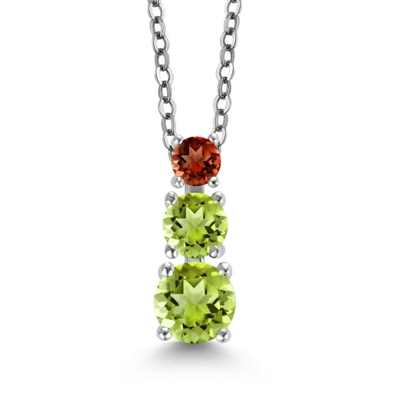 Gem Stone King Green Peridot and Red Garnet 3 Stone Pendant Necklace for Women (1.00 Cttw, Gemstone Birthstone, Round 5Mm, 4Mm and 3Mm, With 18 inch Chain)