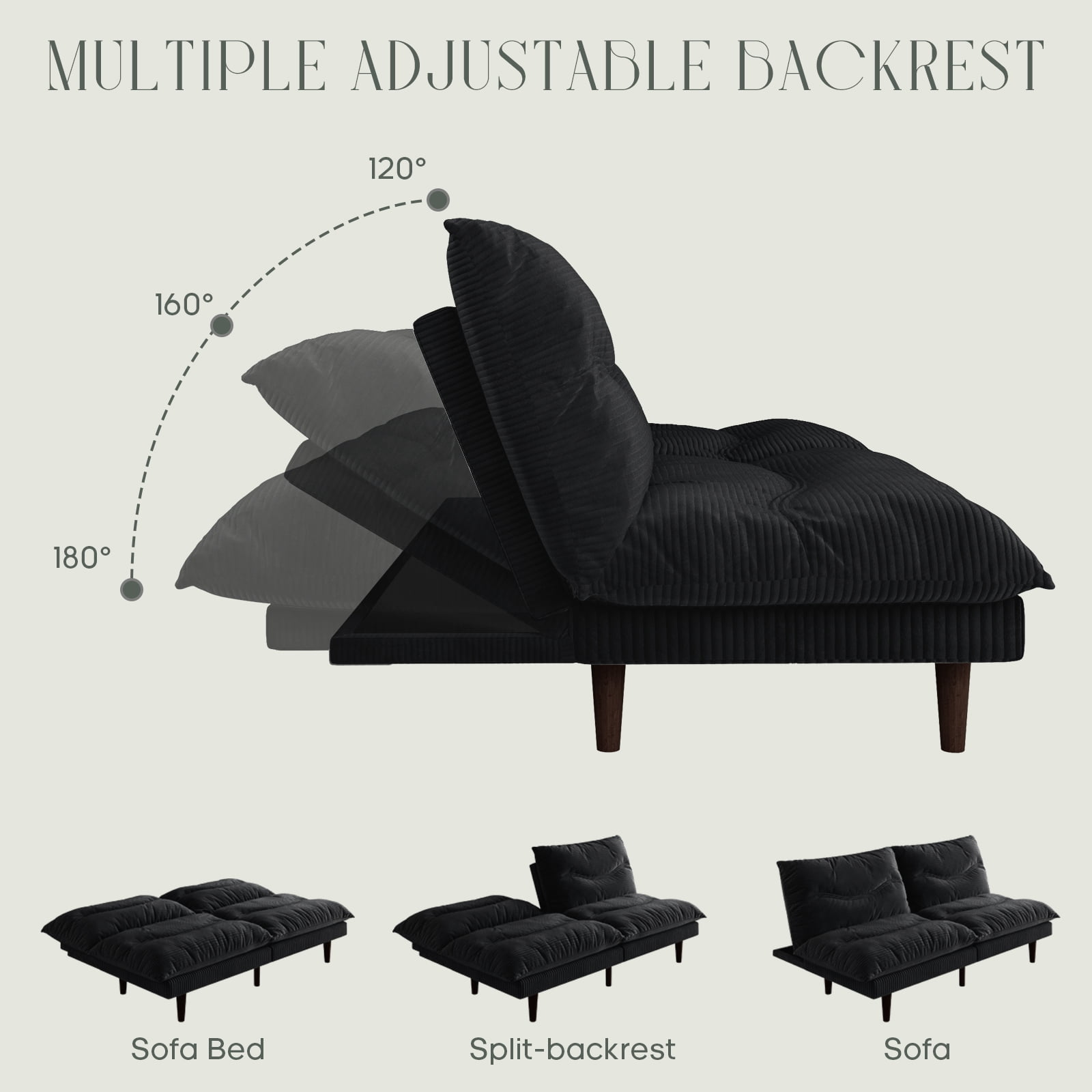 LLappuil 71" Corduroy Futon Convertible Sofa Bed, Loveseat Sleeper Sofa Couch for Living Room Apartment  Black