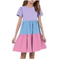 thumbnail image 2 of BRGZLK Girls Summer Dresses Cute Color-Blocked Short Sleeve Round Neck Swing Ruffle Tiered Flowy Dress Purple 12-13 Years, 2 of 5