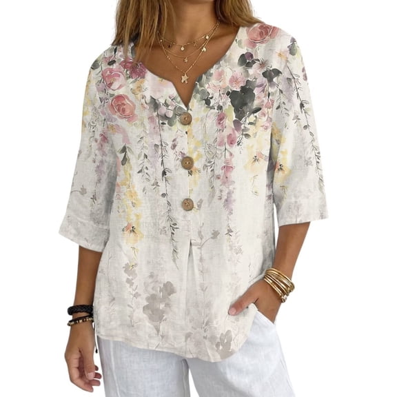 Xoenoiee Vintage Roses Floral Print Linen Shirt for Women Spring Summer V Neck Button Down Linen Tops 3/4 Sleeve Oversized Blouse Women Casual Outfit, 2X-Large