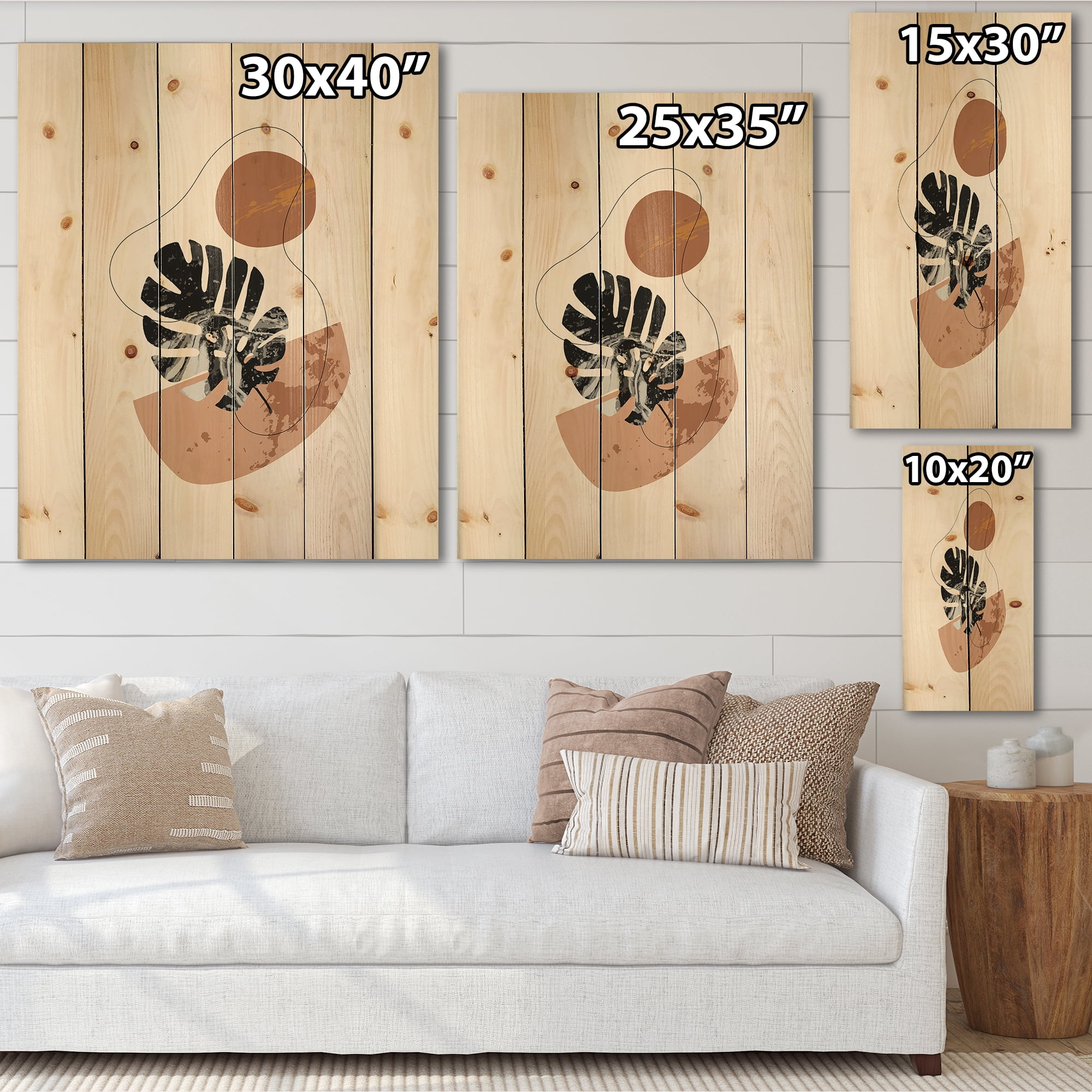 Designart 'Abstract Tropical Monstera Shapes and Leaves' Modern Print on Natural Pine Wood