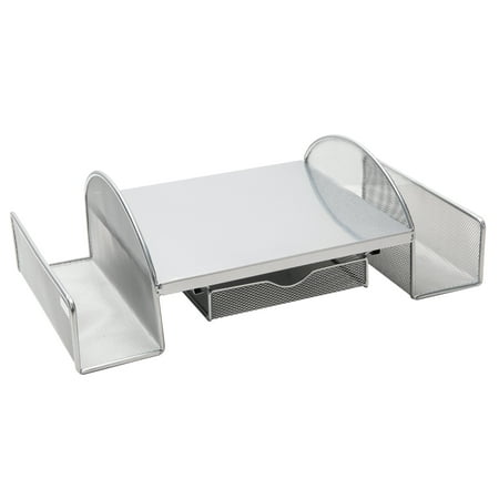 Mind Reader - Mesh Monitor Stand, Wire Screen Riser with Side Storage File Pockets - Silver