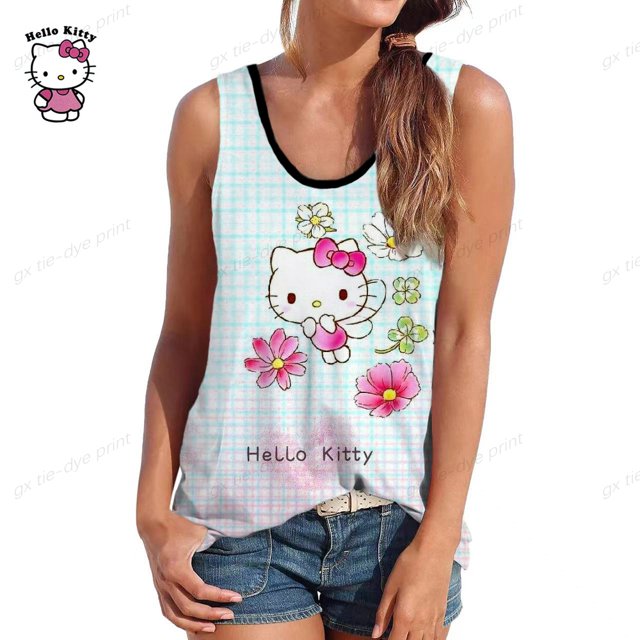 Nouveau Mode Simple Polyvalent Vêtements pour Femmes Grande Taille Été Hello Kitty Imprimé Col Rond Sans Manches T-Shirt Débardeur Yening