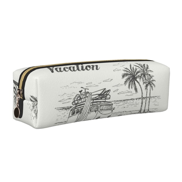 Easygdp Summer Vacation Scene With Camping Van para Estuche de Lápices de Cuero, Estuche de Papelería de Cuero, Estuche de Gran Capacidad con Cremallera