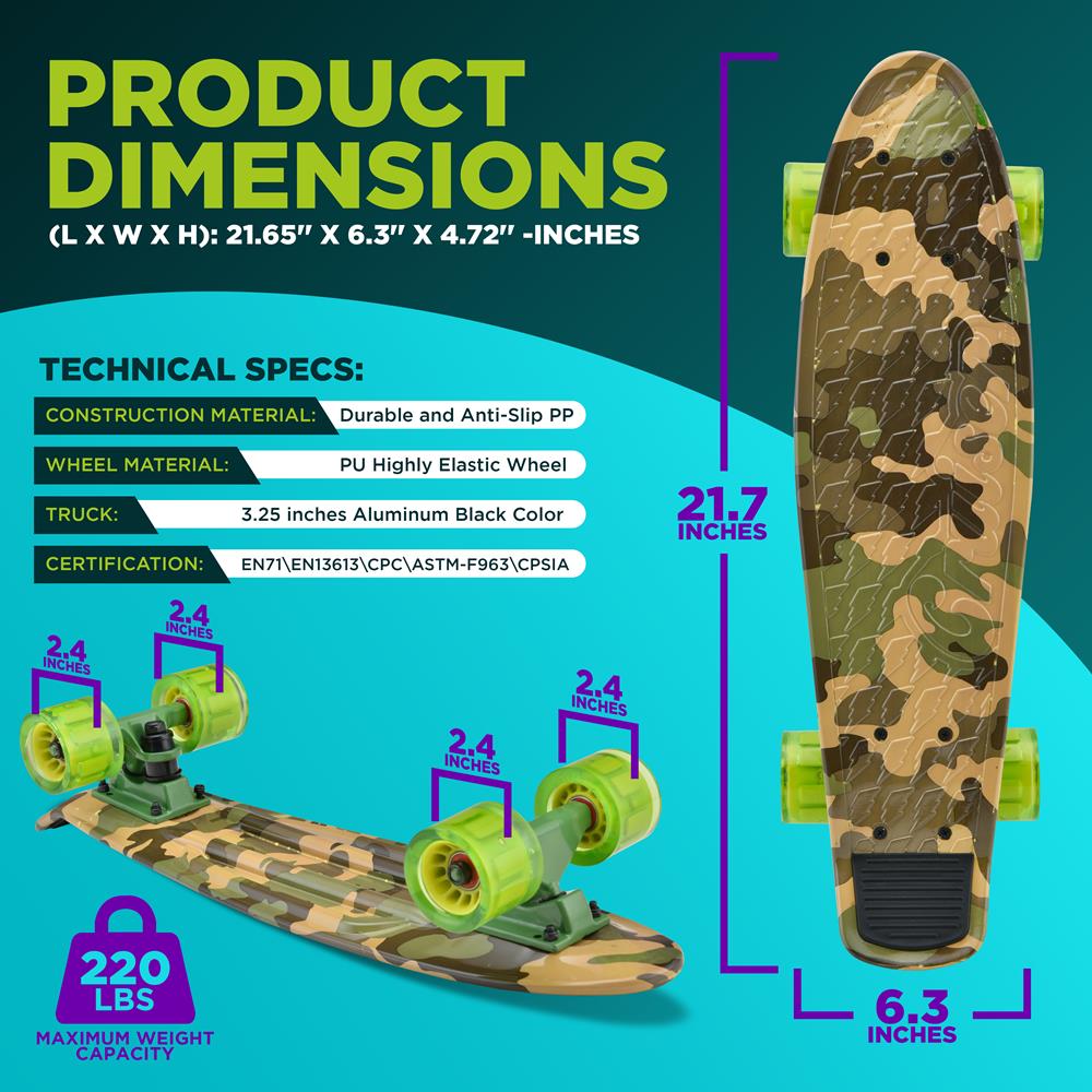 Hurtle Standard Skateboard Mini Cruiser - 6'' PP Deck Complete Double Kick Skate Board w/ 3.25" Aluminum Alloy Truck, PU Wheels w/LED Light - for Kids, Teens, Adults (Camo) with  6.3 weight