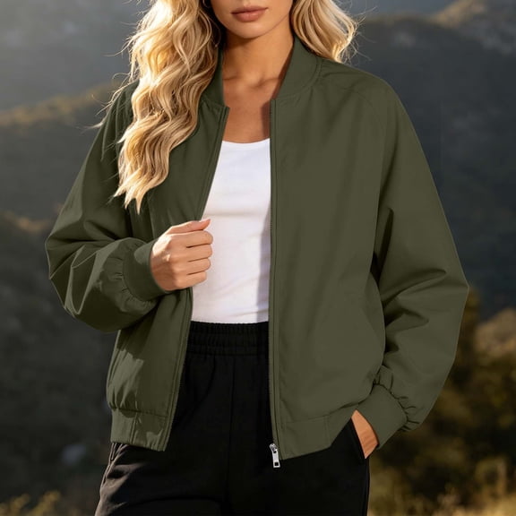 WIZUTIZ Women's Lightweight Windproof Cropped Jacket Stand Collar Zip Up Long Sleeve Solid Color Casual