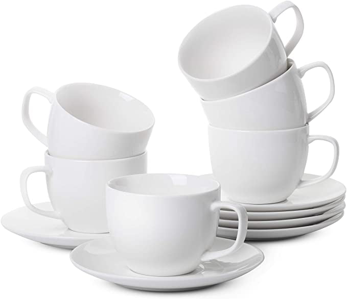 ufengke 7oz Coffee Cup Set,Black and Gold Flower Pattern Porcelain Coffee Sets,Set of 6 Ceramic Floral Tea Cup and Saucer Set,Black 