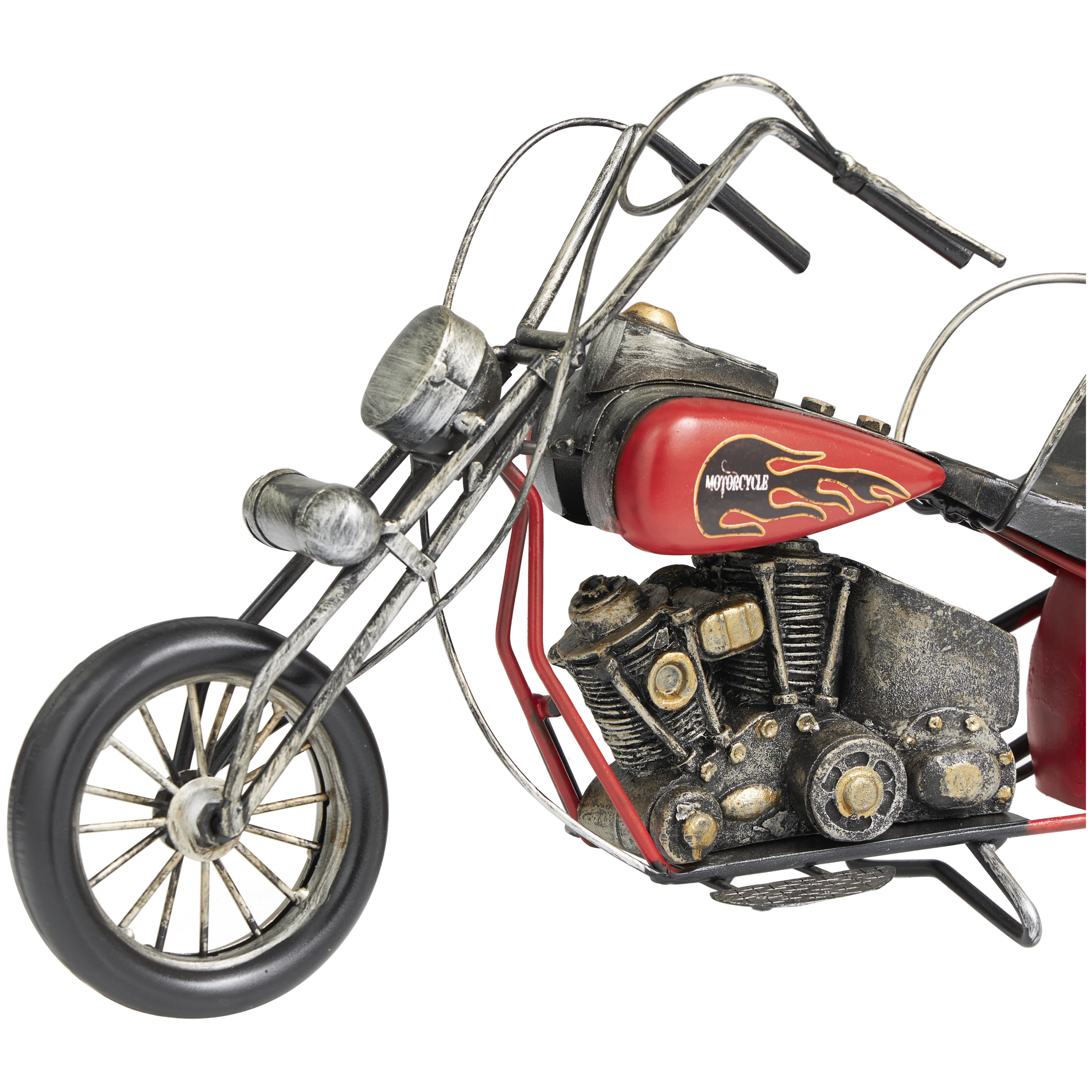 18" x 9" Red Metal Handmade Vintage Style Motorcycle Sculpture with Flames on the Gas Tank, by DecMode