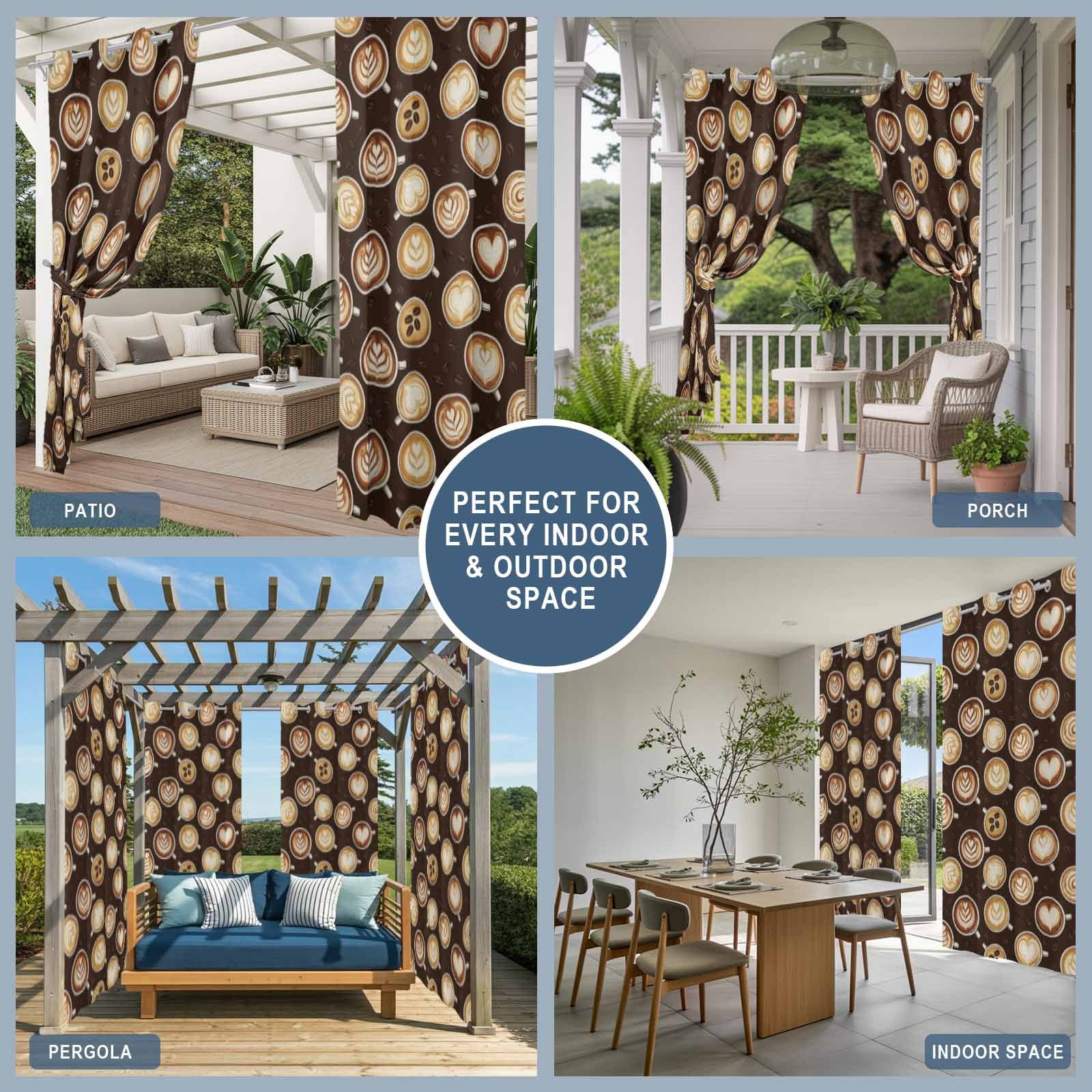 Coffee Cups Outdoor Curtains for Patio, Country Coffee Beans Latte Dark Brown Sunshade Privacy Drapes Grommet Waterproof Outside Curtains for Porch/Cabana/Balcony 54"x 108", 1 Panel