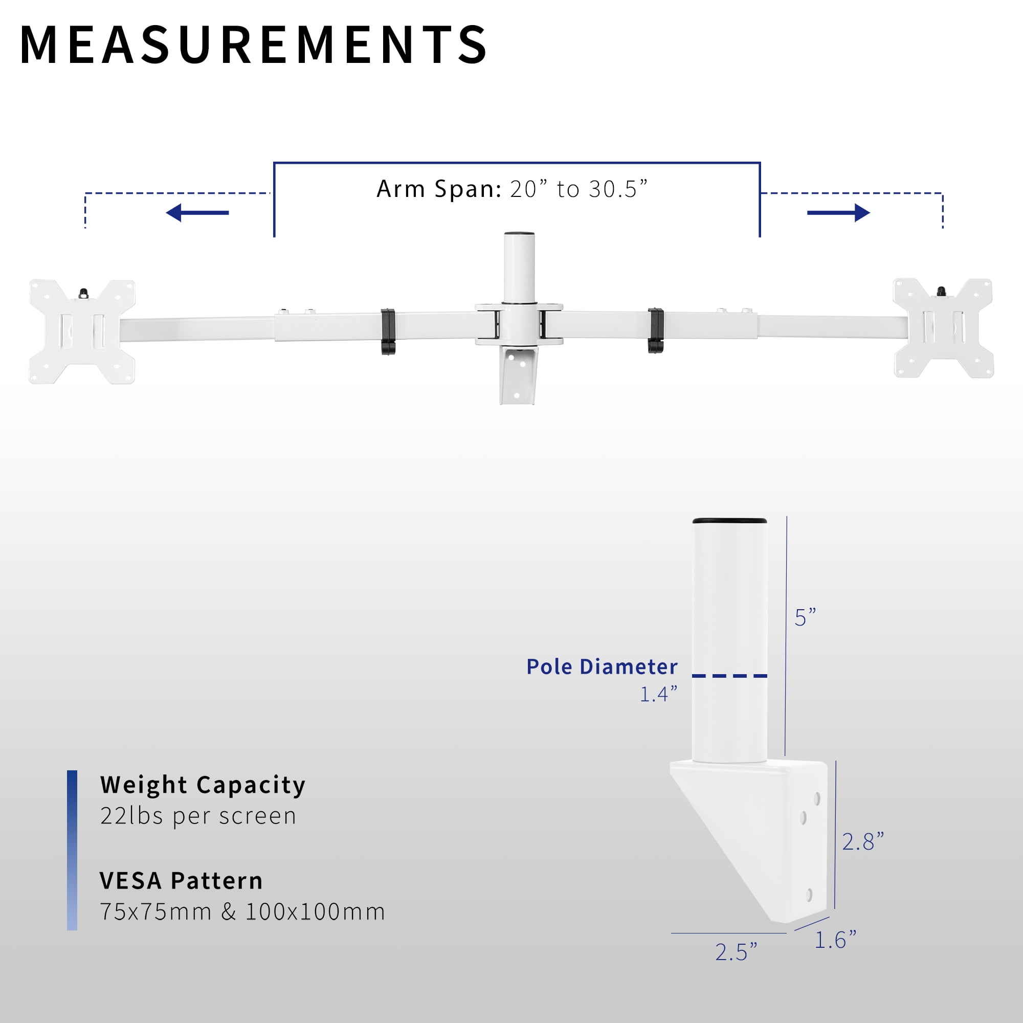VIVO White Steel Telescoping Flush Wall Mount for Dual 21"-32" Computer Monitors