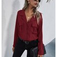 thumbnail image 3 of Camisas con hombros caídos para mujer Camisas con cuello vuelto Camisas con cuello en V Camisas de manga larga con un solo pecho Vino Rojo S, 3 of 6