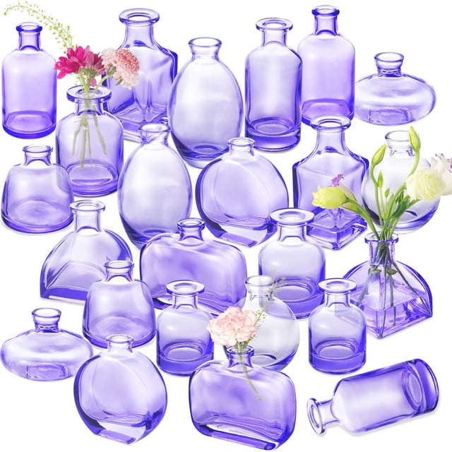 Juego de jarrones DOLEEYAE de cristal morado, 24 jarrones pequeños con forma de cogollos a granel