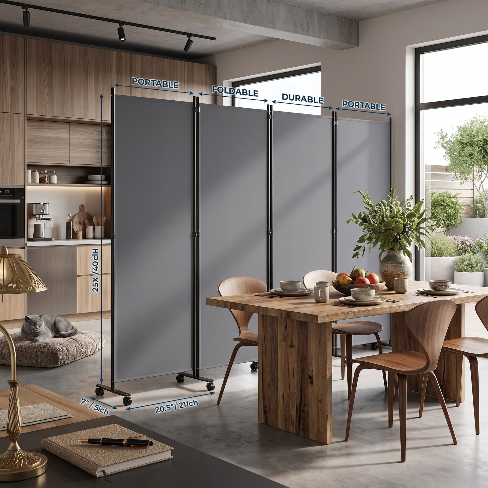 Fenbeli 4 Panel Folding Room Divider Privacy Screen with Wheels, Freestanding Polyester Fabric Partition with Metal Frame for Living Room Bedroom Office, Gray